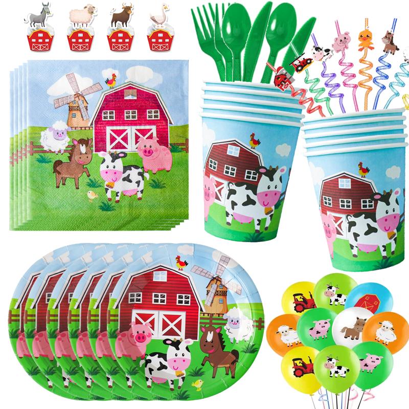 Farm Cartoon Animals Birthday Decoration Party Supplies Tableware Balloons Cup Plates Set Backdrop Banner Birthday Cake Deco Kit