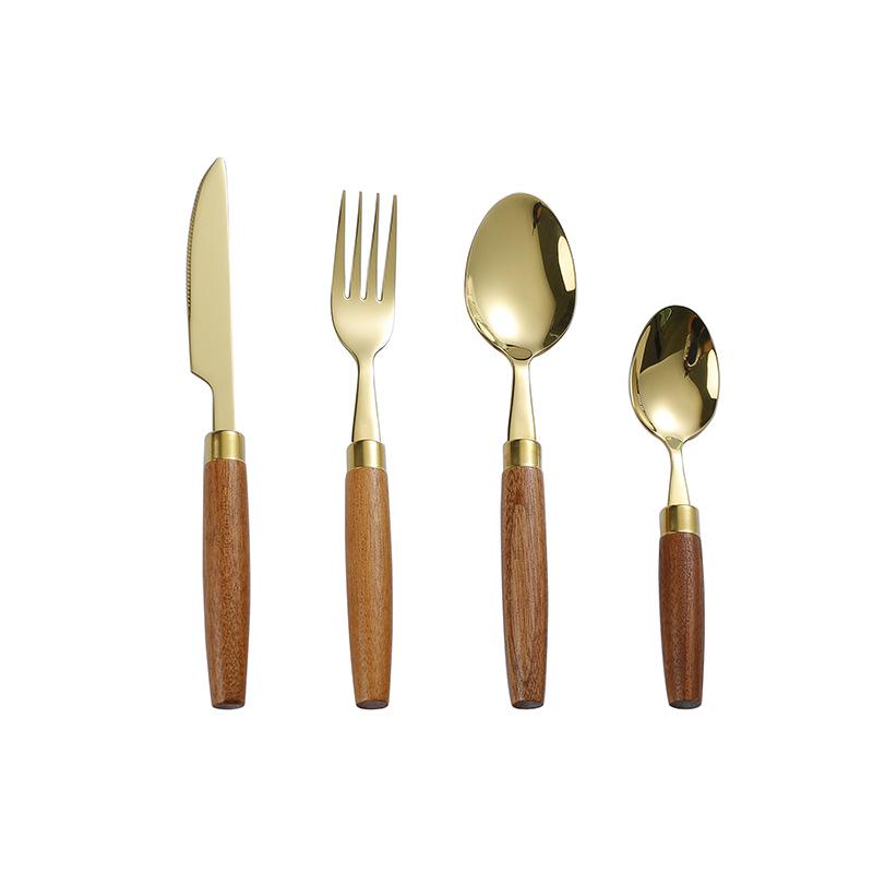 Cylindrical Wood Handle 304 Stainless Steel Cutlery Set: Knife, Fork, Spoon for Main Course & Dessert