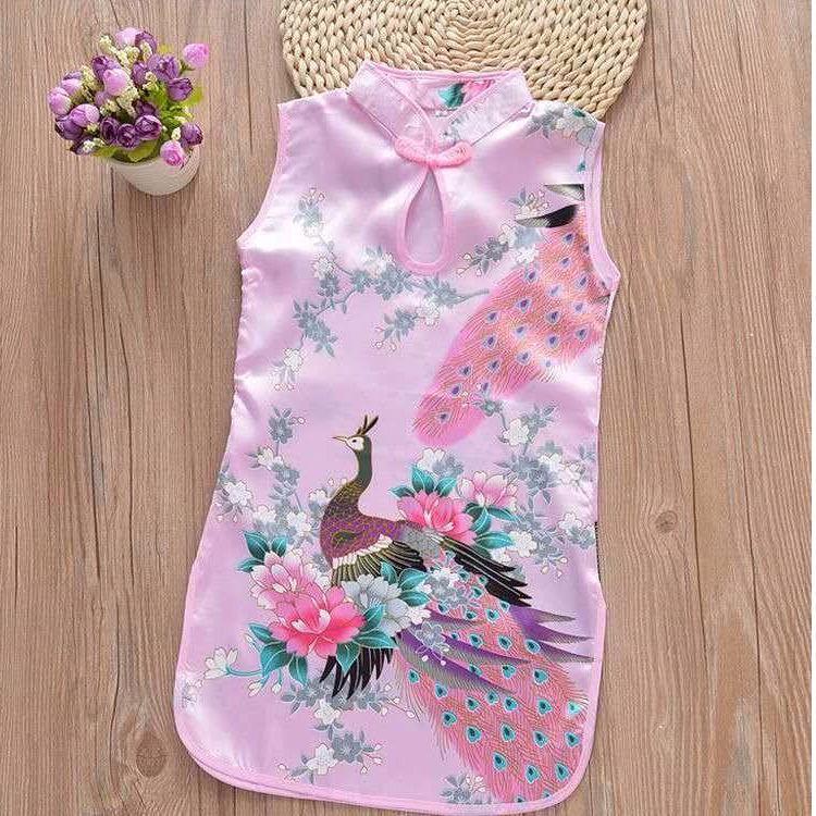 Girls' Classic Red Peacock Qipao: Children's Chinese Style Costume for New Year & Performances (Spring/Summer).