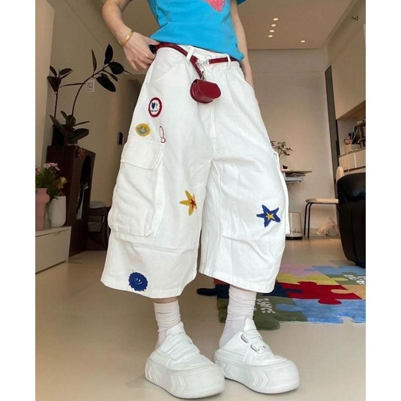 Star Embroidered Cargo Pants Female Summer Loose Fit Streetwear Straight Pants Women Big Pocket Short Pants Women 2025