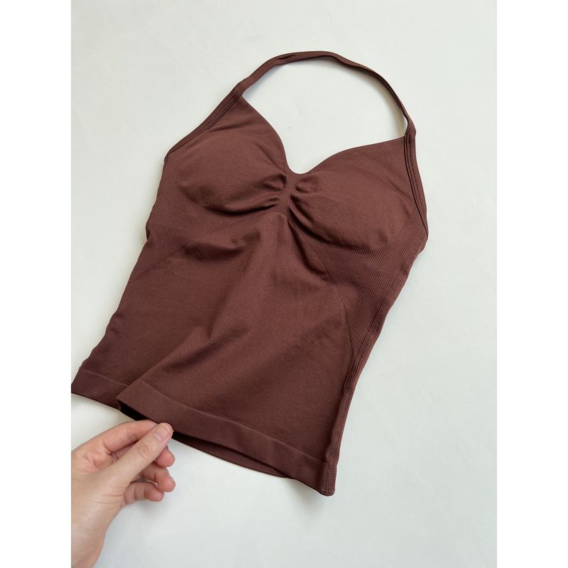 Df Thin-Strap Running Ruched Halter Fitness Bra with Chest Pads, Shaping, Shockproof, Beautiful Back Sports Yoga Tank Top for Women