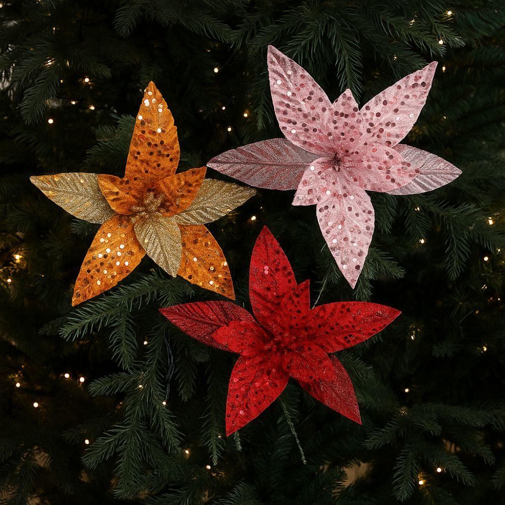 Sequin Mesh Christmas Artificial Flowers 25cm Poinsettia Flower  Festive Decoration