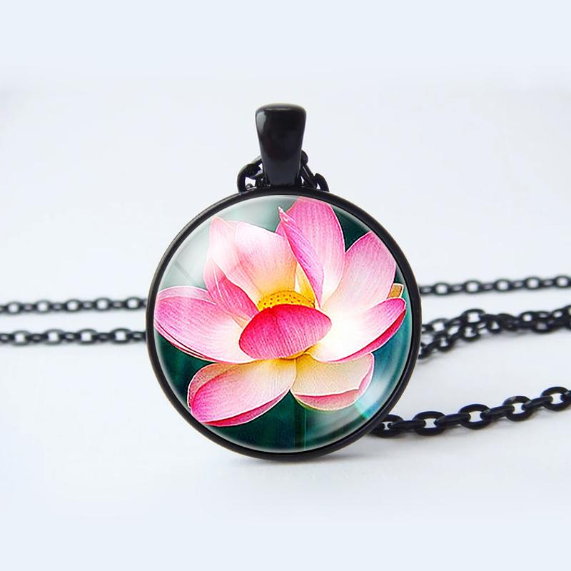 Collana con ciondolo cabochon in vetro a forma di fiore, gioielli con loto, pesca, rosa, girasole, tulipano