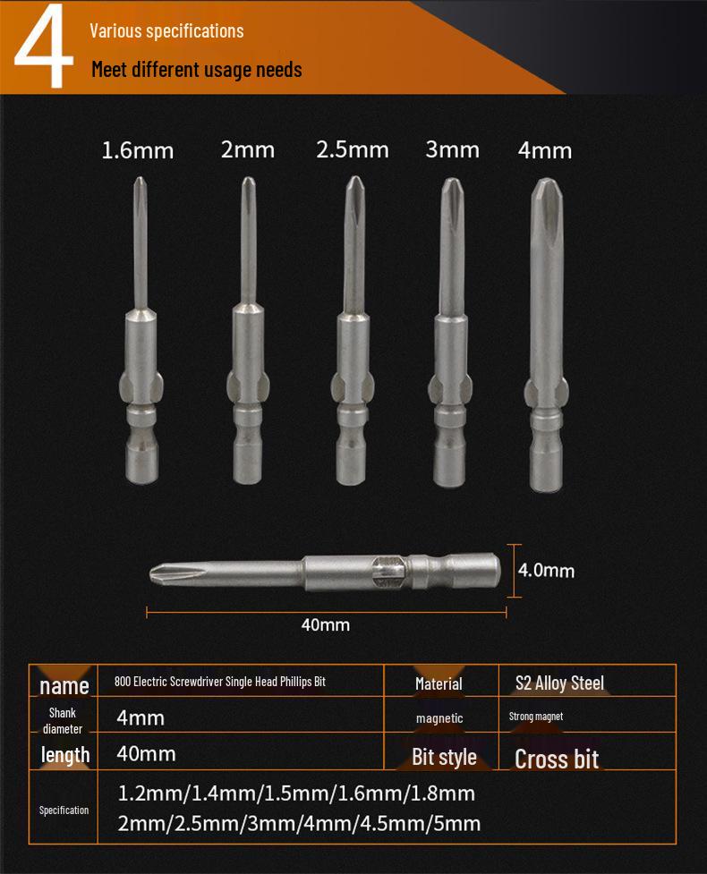 Electric Screwdriver Bit Set: 800 Cr-V Steel, Hardened S2, Magnetic Holder, 4mm Shank Diameter