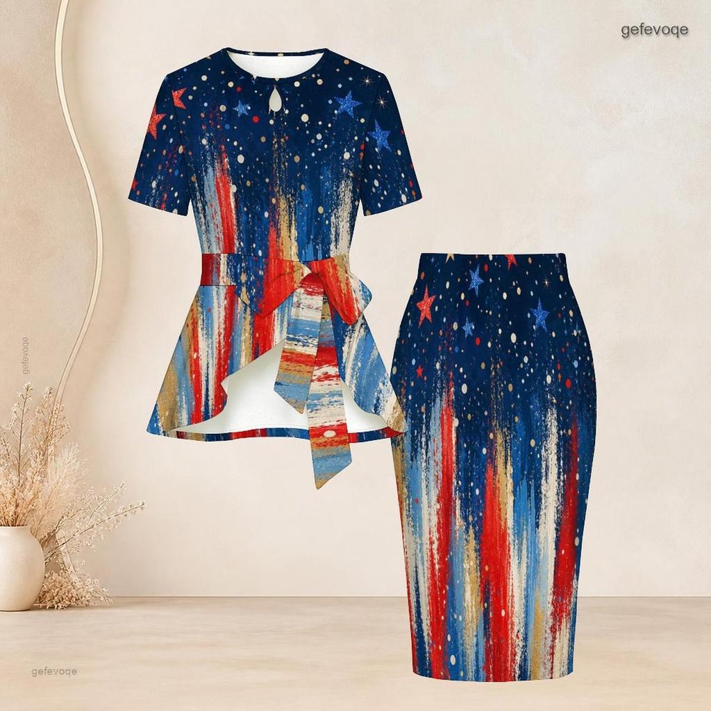 Women Plus Size Two Piece Skirt Set Round Neck Short Sleeve Printed Tie Waist Top Fitted Skirt Red White Blue