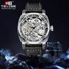 TEVISE Watches for Man Square Retro Mechanical Watch Self-Wind Carved Skeleton Automatic Watches Vintage Leather Strap Wristwatch
