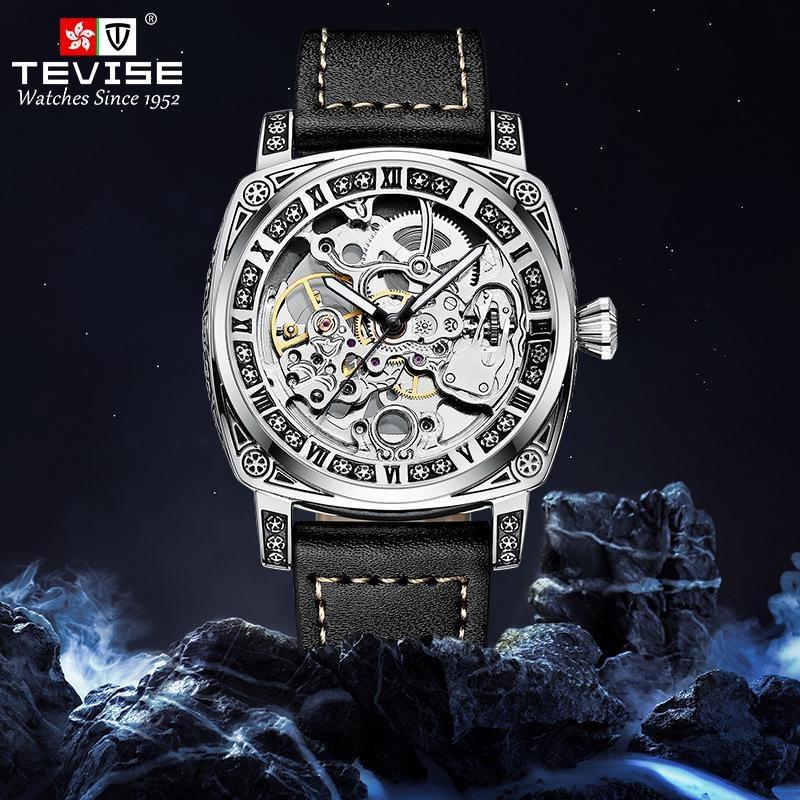 TEVISE Watches for Man Square Retro Mechanical Watch Self-Wind Carved Skeleton Automatic Watches Vintage Leather Strap Wristwatch