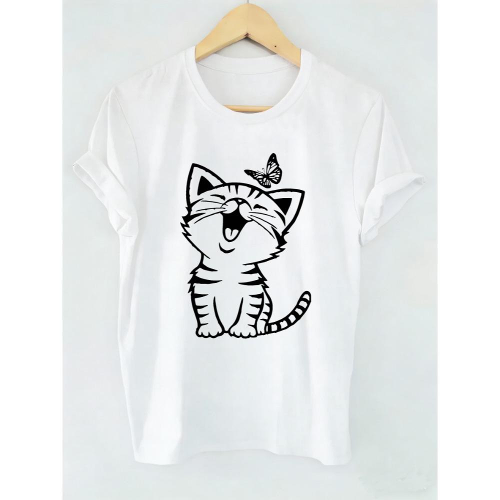 Cute Cat with Butterfly Graphic Print T-Shirt Funny Round Neck Short Sleeve Casual Women Daily Basic Top