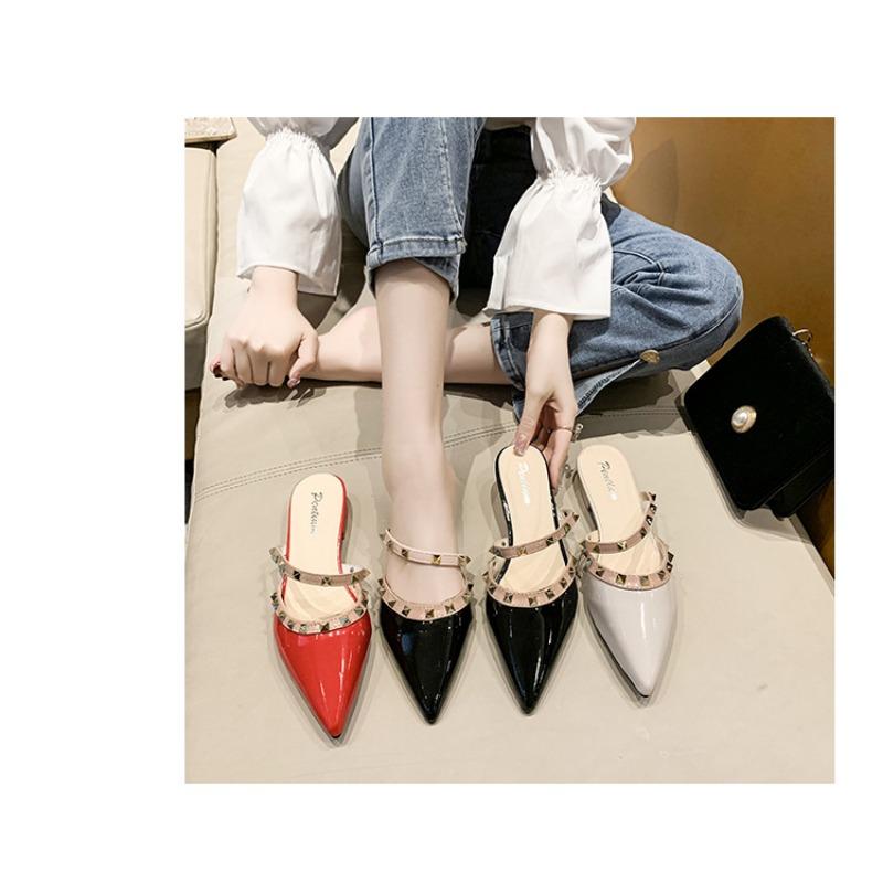 2025 New Riveted Semi-drag Thick-heeled Pointed Sandals for Women