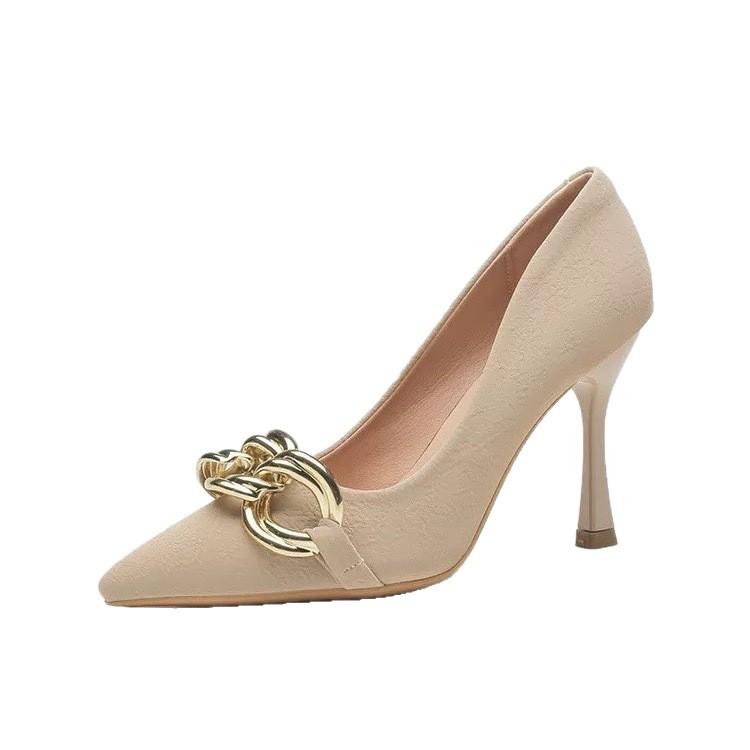 High Heels Women's Thin Heels 2025 New Metal Buckle Women's Shoes Spring and Autumn Single Shoes Design Sense Niche Nude French