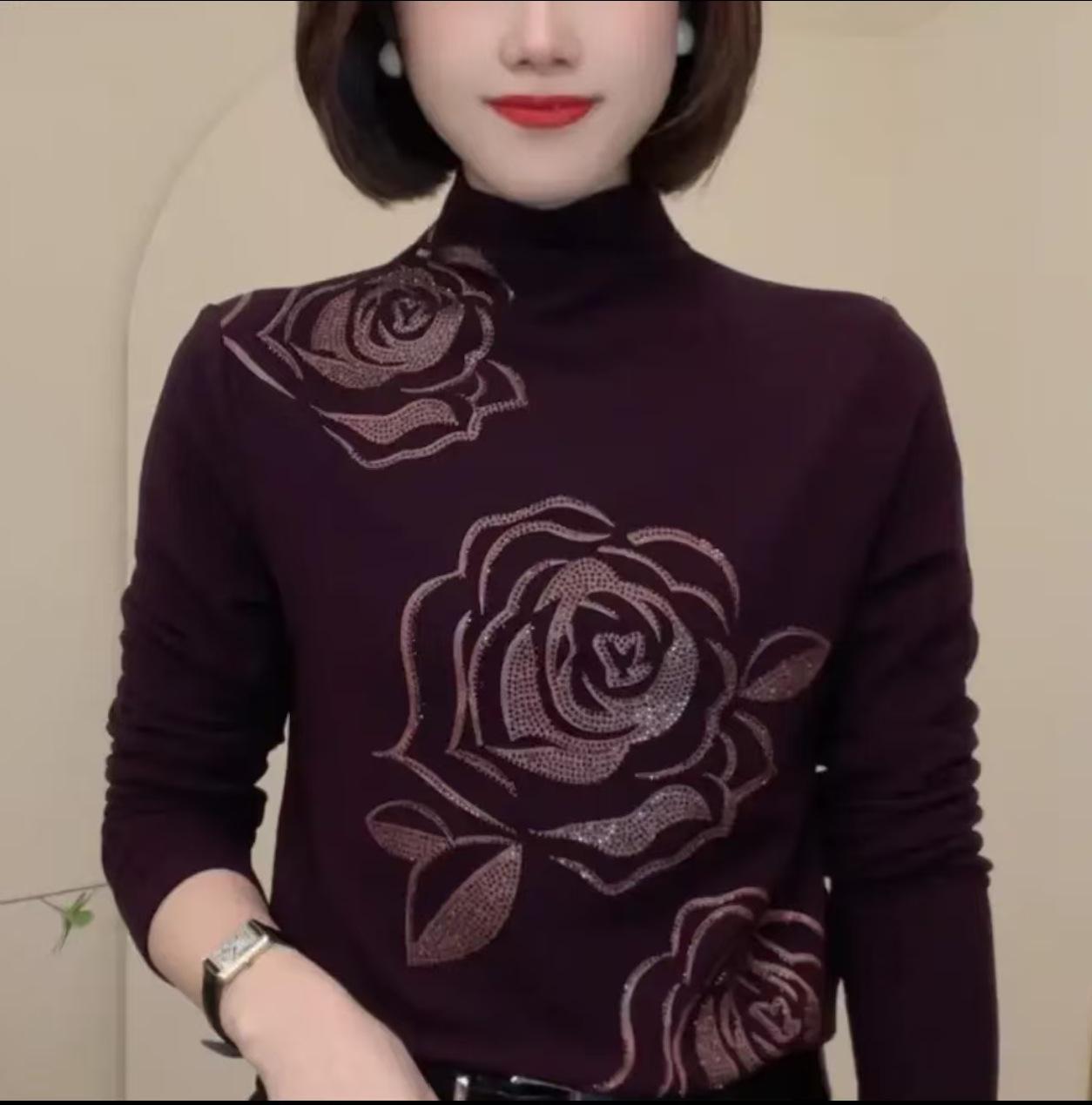 

Autumn/Winter Rose Rhinestone Stand-Up Collar Fleece Long-Sleeve Warm Top for Middle-Aged Women 4XL фиолетовый