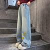 Girls' Jeans Spring and Autumn Children's Embroidered Heart Wide Leg Pants Straight Leg Pants Trendy Embroidered Pants