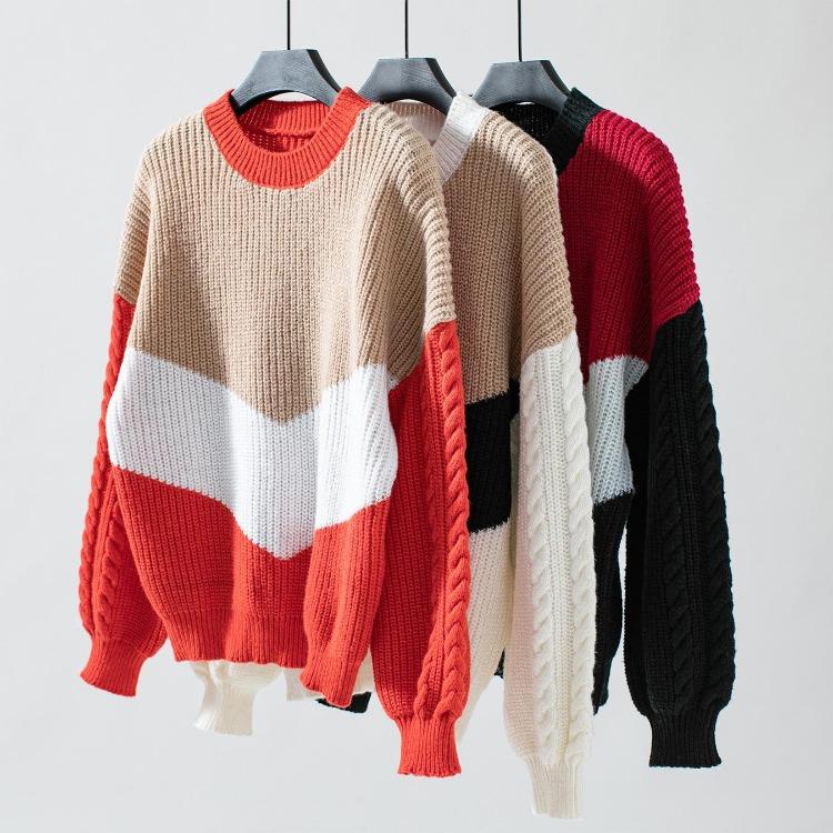 Vintage Collision Color O Neck Loose Long Sleeve Knitwear Cardigan Sweater Top Autumn Winter
