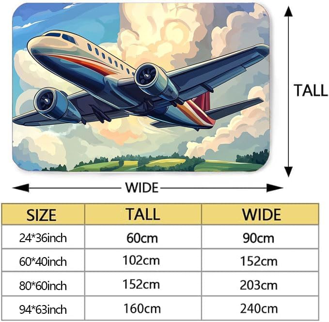 Soft Airplane Area Rug, Area Foldable Rectangular Rug, Cartoon Airplane Print Rug, Washable Rug with Rubber Non-Slip Rug