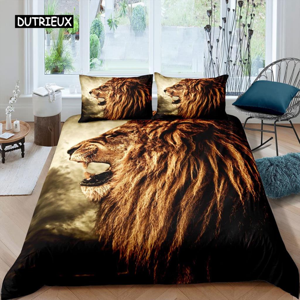 Lejon Påslakanset King Size Afrika Vilda Djur Storkatt Sängkläder Gyllene Lejon Vilar 2/3 Delar Barn Djur Enkelt Täcke Överdrag