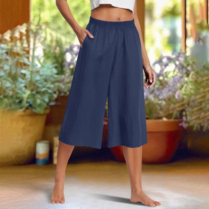 Feamle Casual and Versatile Lazy Style Wide Leg Pants with Pockets Lightweight High Waisted Loose Cropped Capris