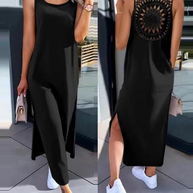 European and American Style Foreign Trade Women's Clothing Lace Hollow Strap Dress Sleeveless Slit Vest Skirt Over the Knee Medium and Long Skirt