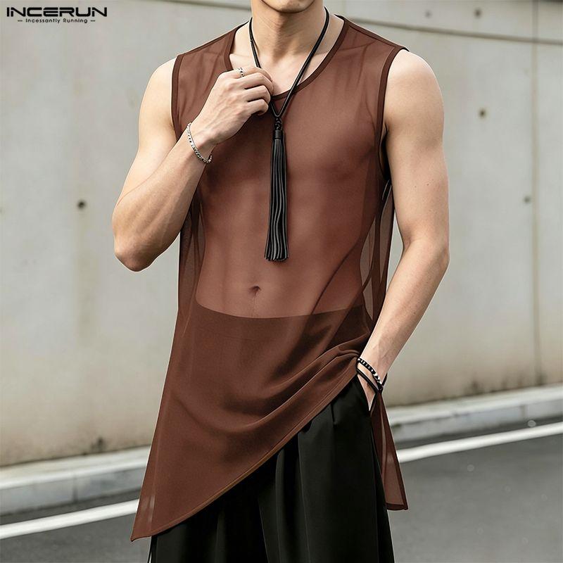 INCERUN Men O Neck Sleeveless See Through Irregular Mesh Sheer Long Tank Tops