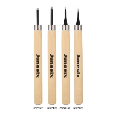 Wood Carving Tool Set, 4-Piece Set with Chisels, Extra Fine, Round, and Extra Fine, for Beginners, Manual Sharpener, Rubber Stamp, Knife Carving Tool