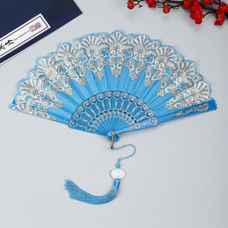 Elegant Chinese Lace Folding Hand Fan with Tassel Vintage Portable Prop for Ancient Costume Shoot Traditional Cultural Events