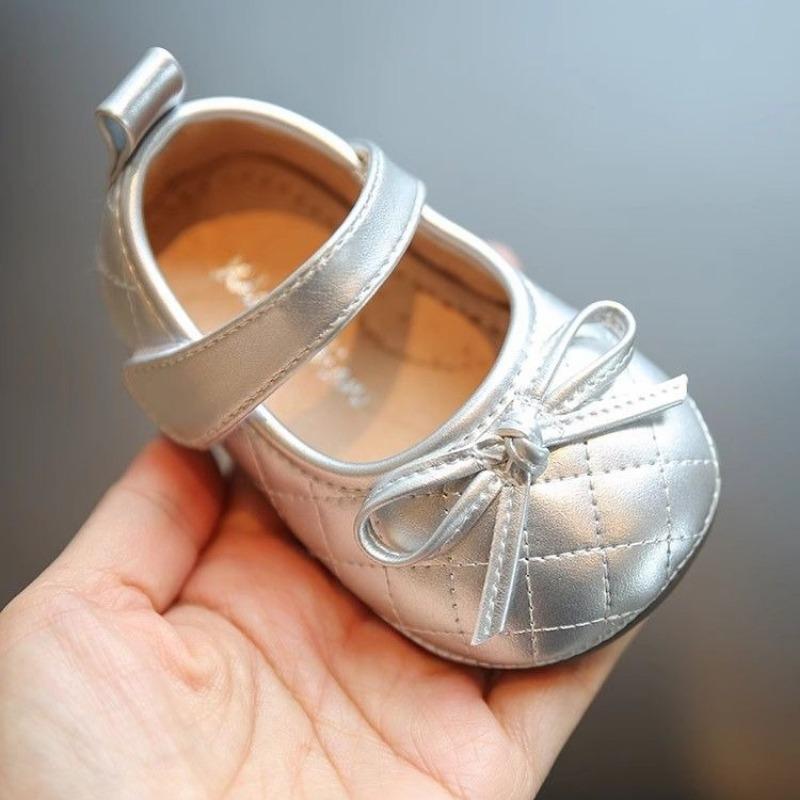 Baby Walking Shoes Round Toes Non-slip Soild Color Kids Leather Shoes Simple Bows 2025 New Girls Princess Shoes Hook&loop Trendy