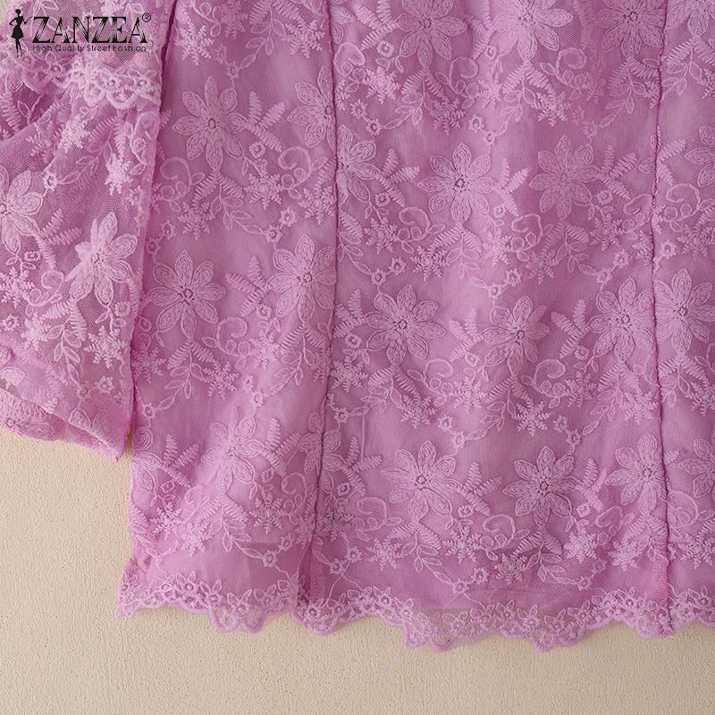 ZANZEA Kvinner Casual Rund Hals Halv Erme Bluse med Blonde Patchwork