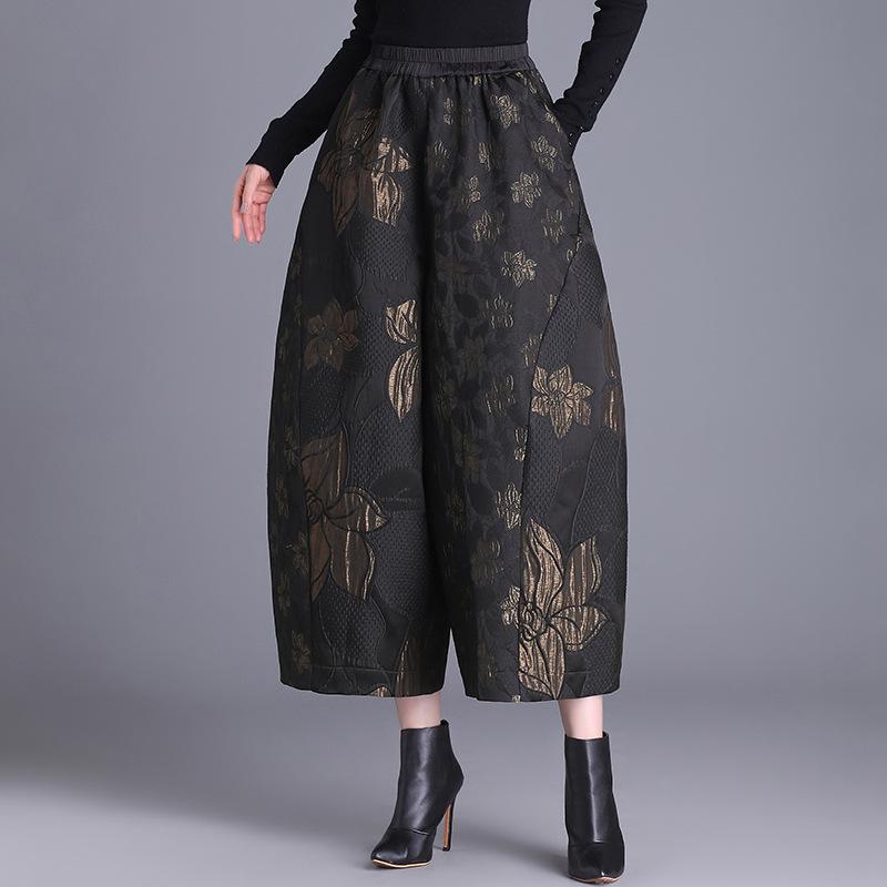 

Жаккардовые брюки-кокон с золотой нитью: Женский флис, больших размеров, широкие штанины, расклешенные для осени и зимы L