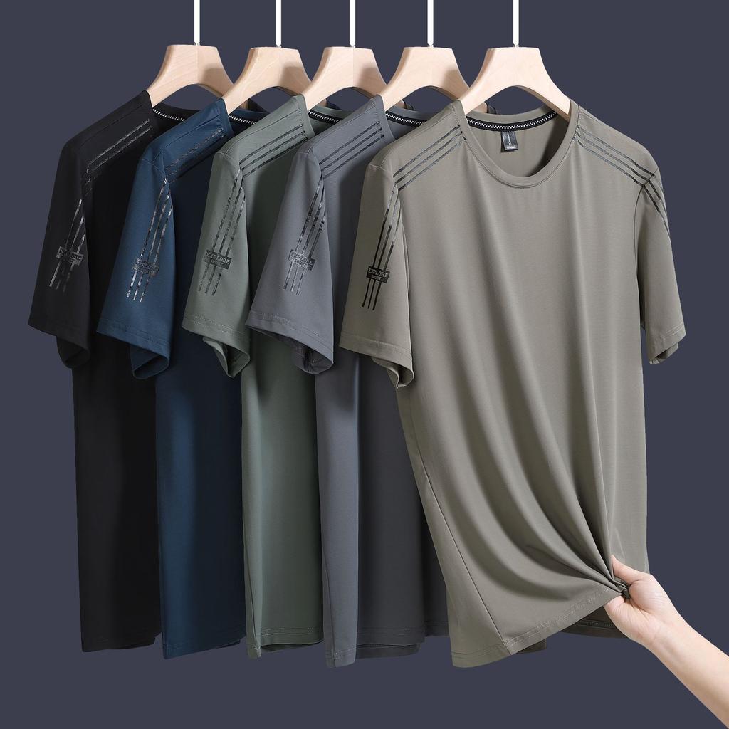 Summer Printed Ice Silk T-shirt for Men's Sports, Leisure, Running, Fitness, Breathable Short Sleeved Men's Plus Size Quick Drying Clothes