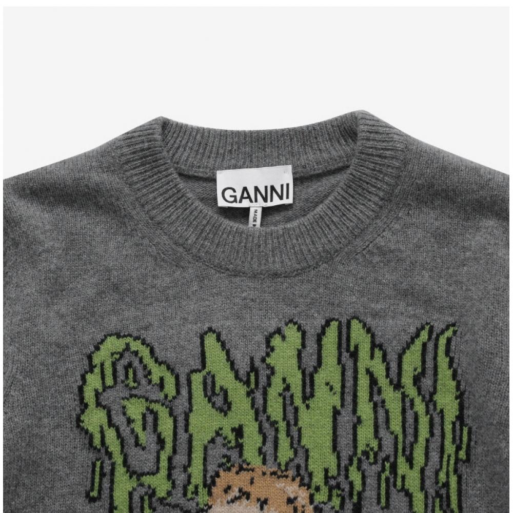 Ganni K2502 523 Bunny Grafik Logo Wollmischung Damen Strick