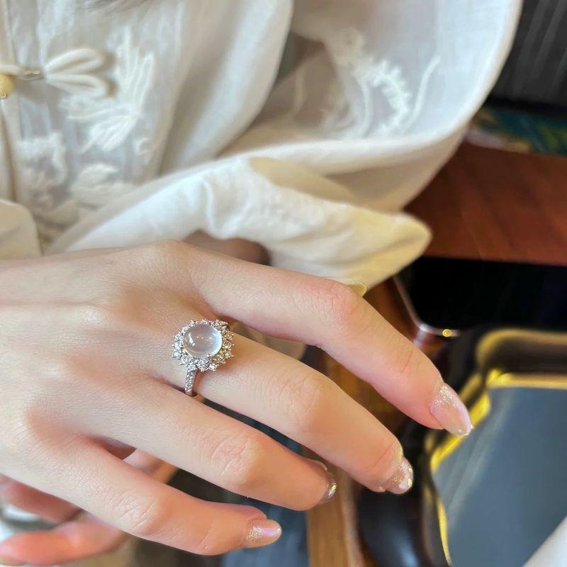

925 Sterling Silver Moonstone Big Diamond Face Ring Female New Chinese Style Ornament Open Classy Accessible Luxury Index Finger Ring Lettering Chalcedony egg ring without box