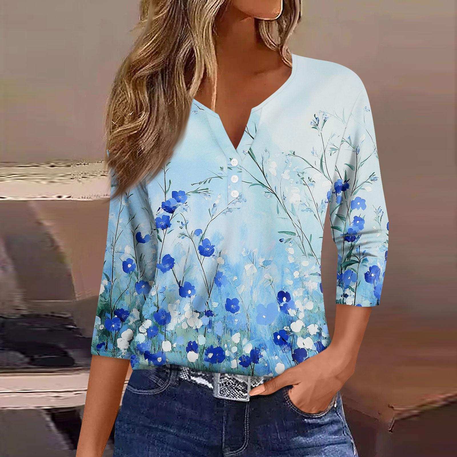 

Женская мода пуговиц V-образный вырез семь рукавов винтажный цветочный принт повседневный топ M синий
