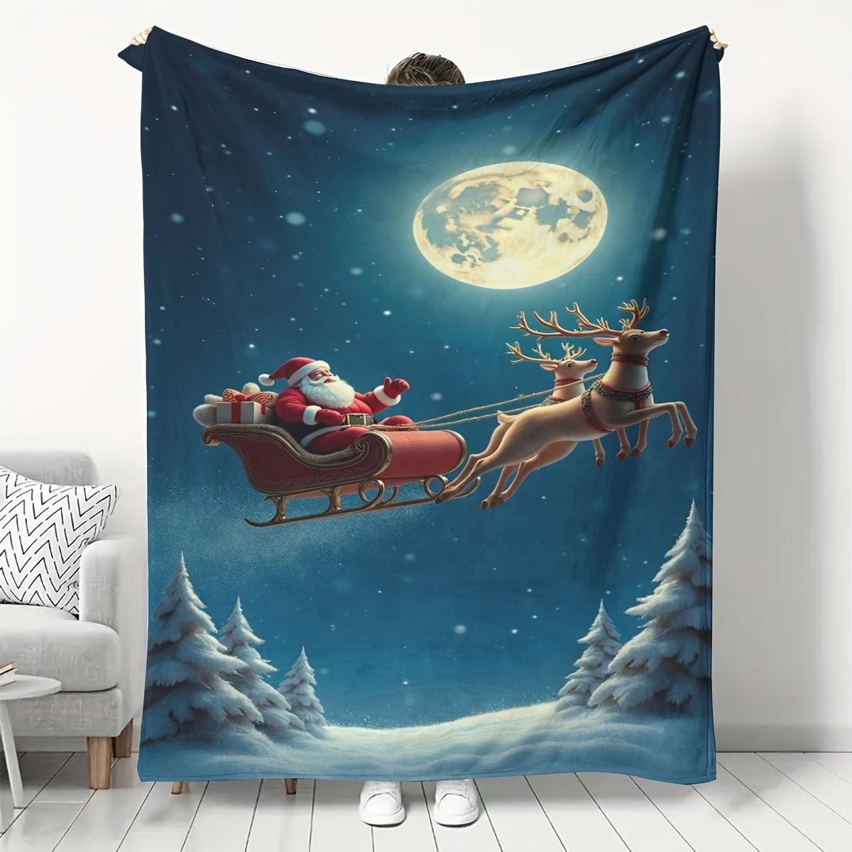 Christmas Flannel Digital Print Throw Blanket - Santa Claus & Reindeer Design, Soft Warm All-Season Blanket for Sofa, Bed, Trave 130x150cm51x59in