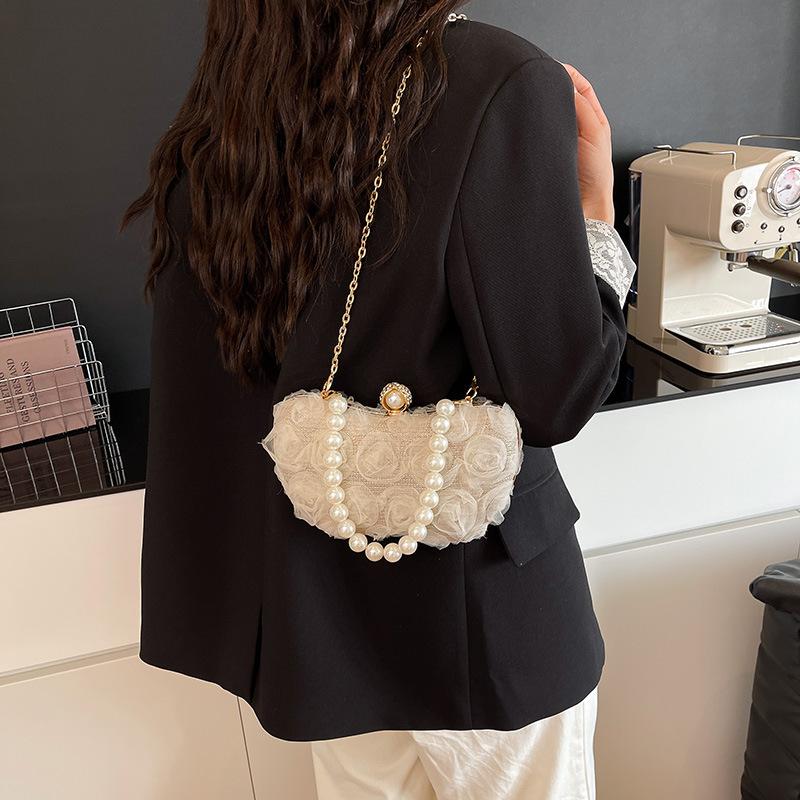 New Lace Flower Evening Bag Pearl Chain Clip Shell Bag Women Crossbody Bag
