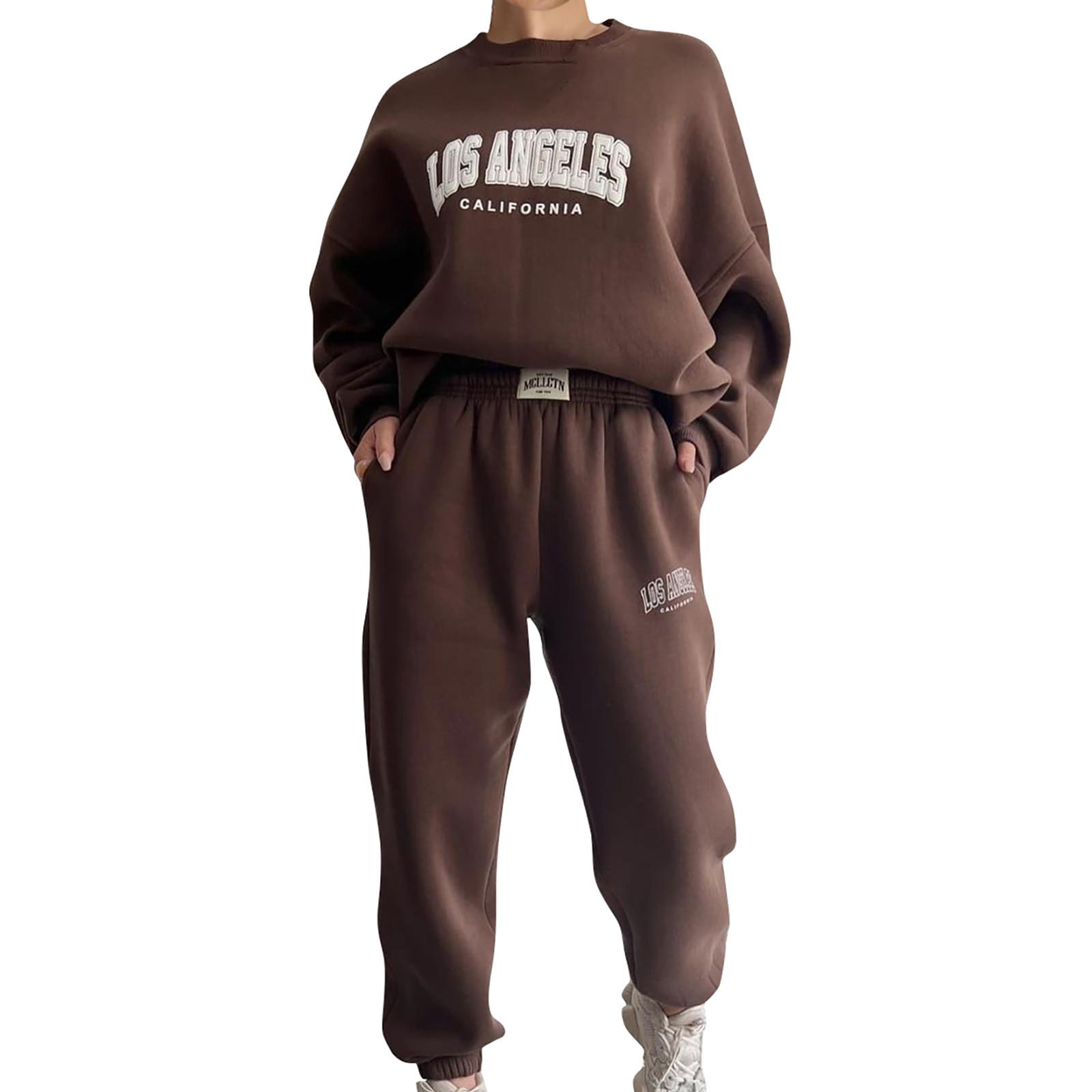 

Европейский и американский женский повседневный модный утолщенный комплект с принтом, плюшевый свитер, брюки с длинными рукавами, комплект XXL коричневый