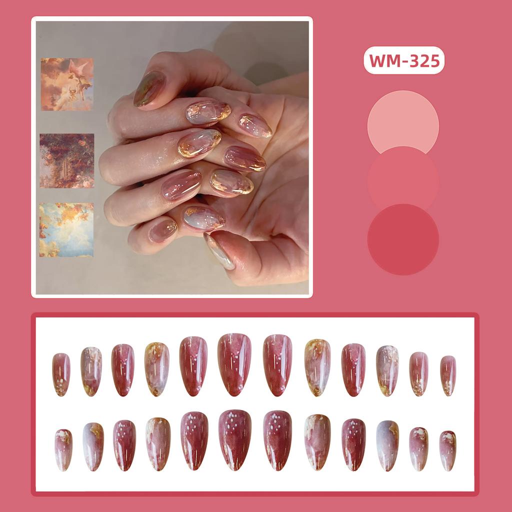 24PCS Retro Oil Paintings Patterns Almond False Nails with Glue Cute Sweet Garden Girl Stick On Nails Detachable Fake Nails Tips