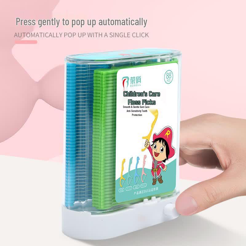 Rongqiao Cartoon Handle Kids Dental Floss Picks with Automatic Dispenser