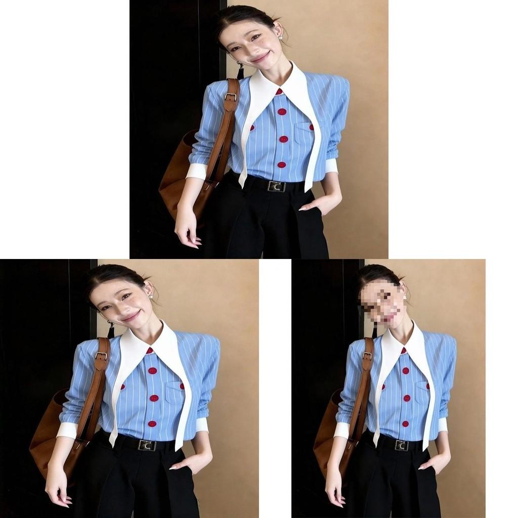 Spring Blue Striped Shirt For Women With 3d Effect And Offshoulder Design