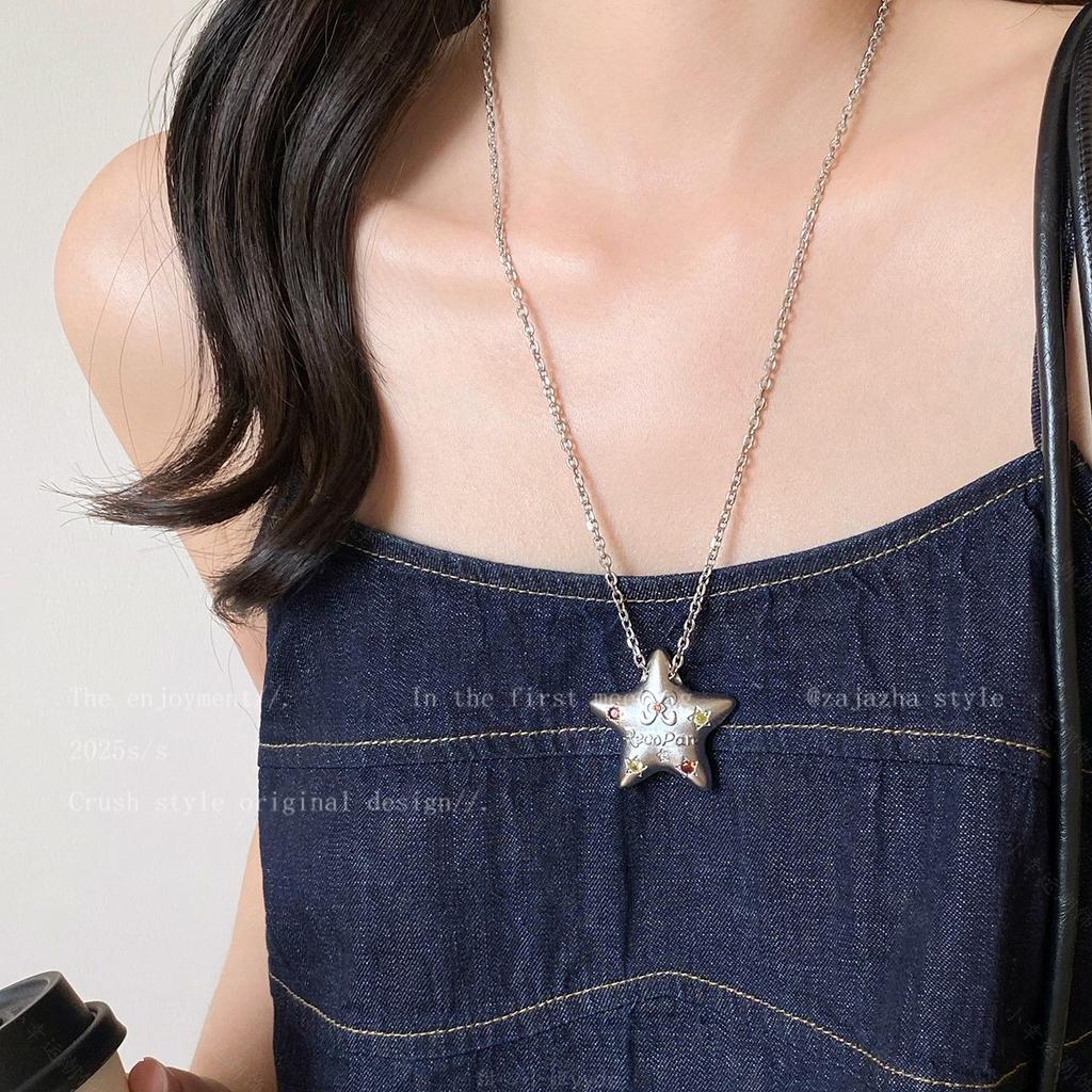 Korean Ins Silver Simple Five-pointed Star Necklace Women's Light Luxury Niche High-end Long Temperament Sweater Chain Accessories