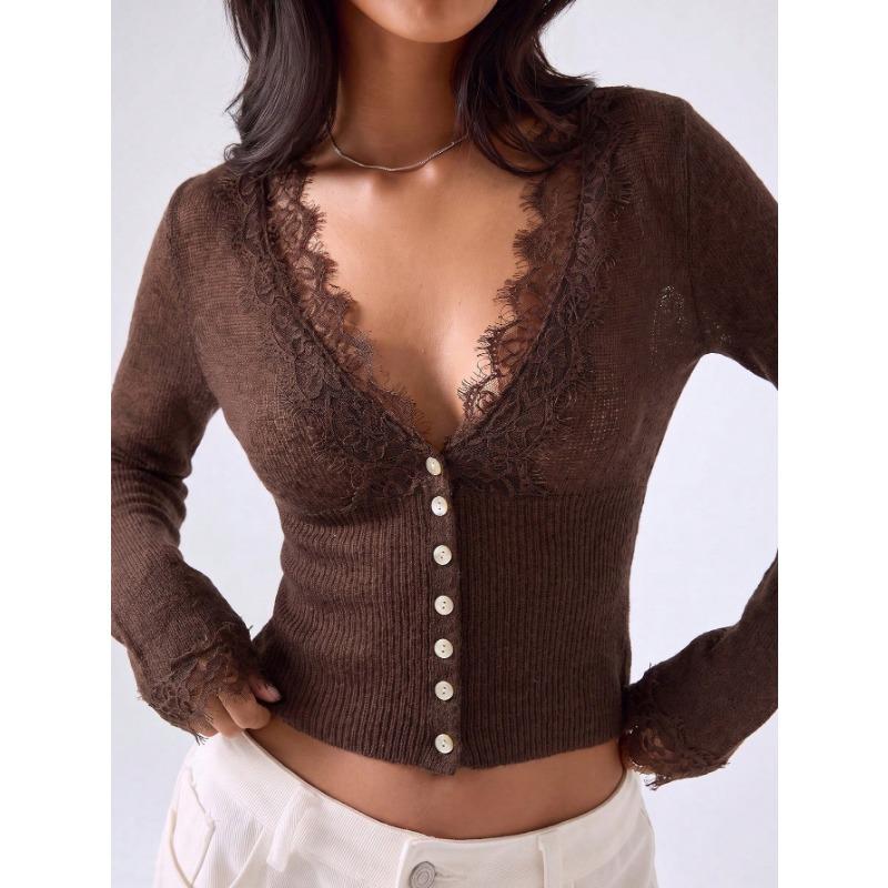 Womens Lace Trim Solid V Neck Long Sleeve Slim Fit Knit Cardigan Top