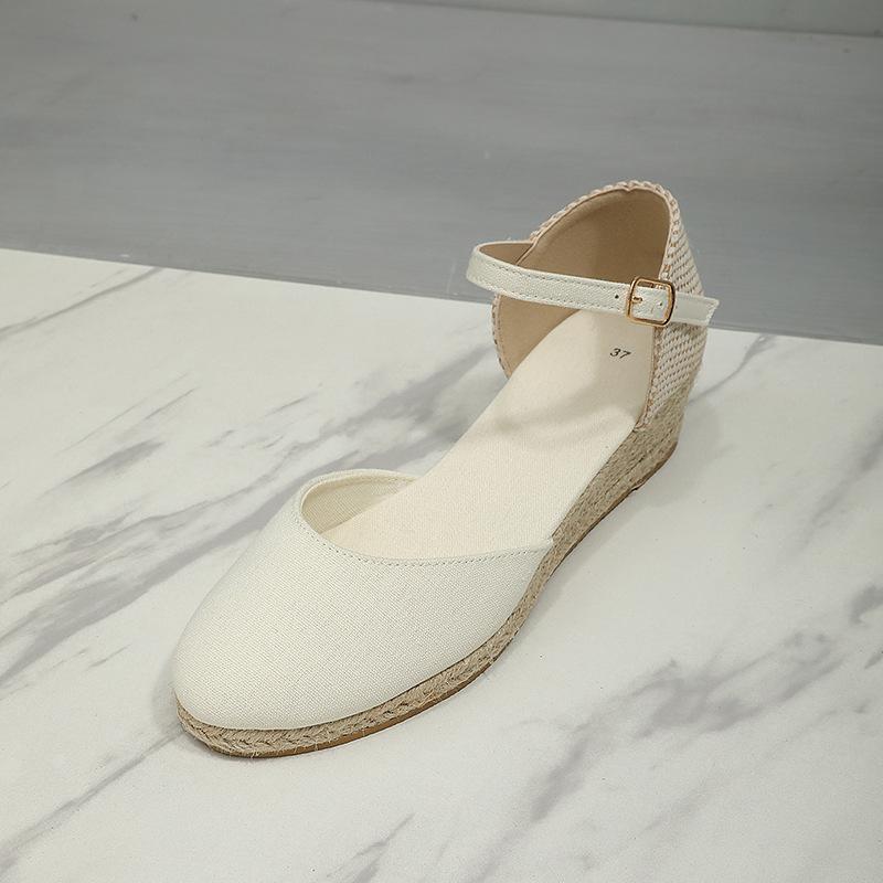 Fashion Baotou Sandals for Women's 2025 Summer Grass Woven Hemp Rope Slope Heel Shoes Women Round Toe Thick Sole Buckle Womens Sandals