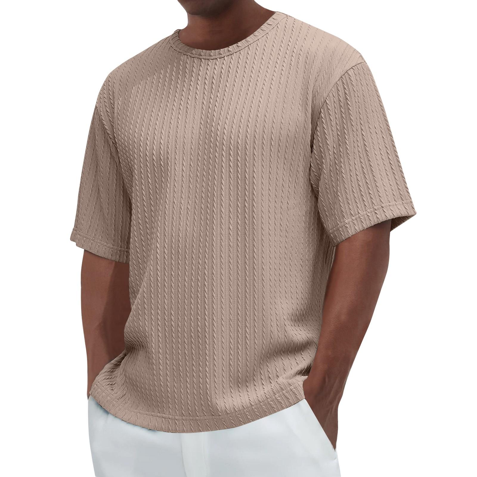 

Men s Summer Solid Color Textured Round Neck Short Sleeve Top Men s Casual Fashion Shirt L хакі