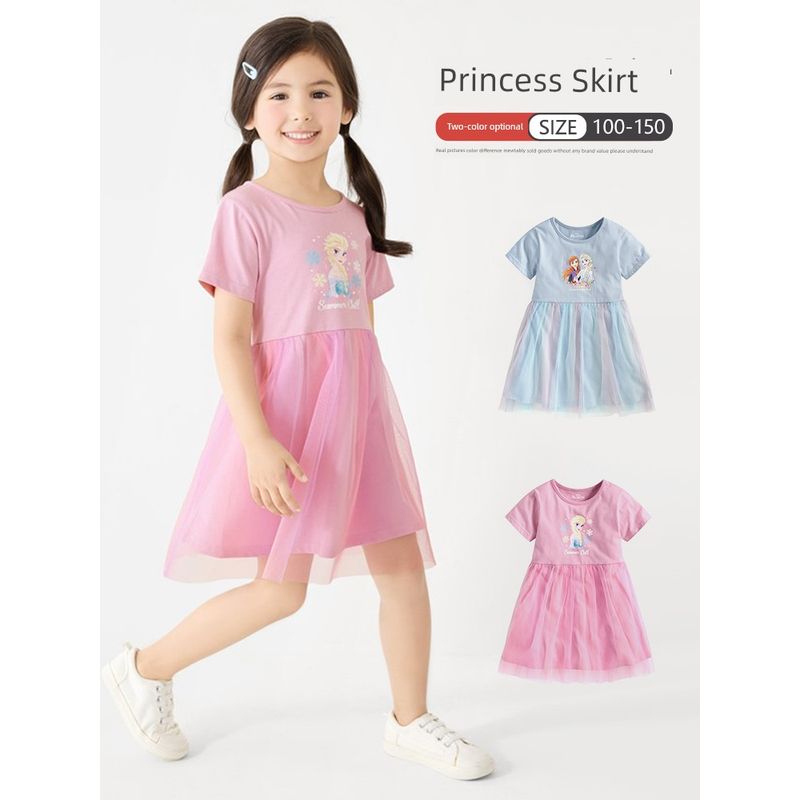 New Summer girl Princess Dress Mesh Dress Girl Short Sleeve Patchwork Veil Dress Cartoon Princess pure cotton Girl's Kids