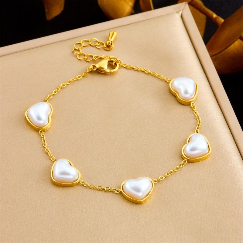 Heart Pearl Jewelry Set For Women Gold Plated Stainless Steel Necklace Bracelet Earrings