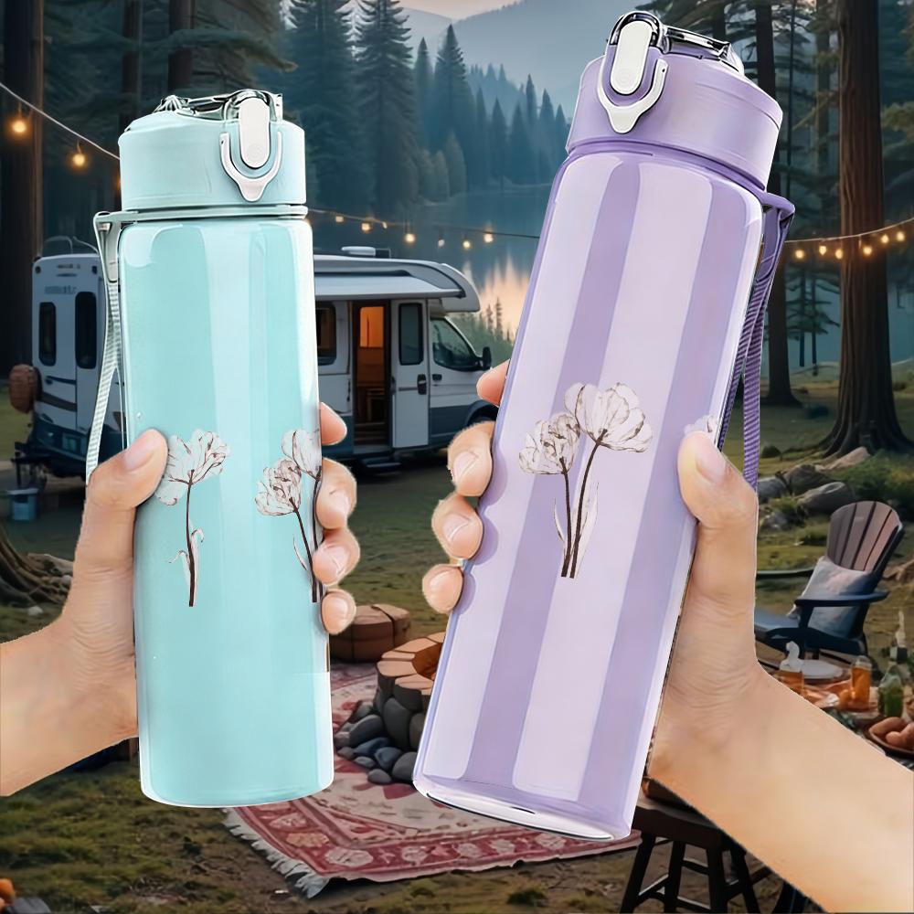 1PC Three thin tree line sketch minimal print 750ml colorful plastic sports water bottle leakproof pop up lid with straw for outdoor work home use