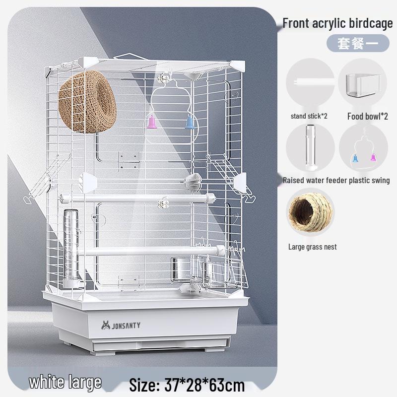 Großer Acryl-Vogelkäfig für Papageien, Nymphensittiche & Wellensittiche - Transparente Vorderseite mit Metallrahmen