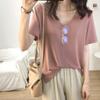 Women's V Neck Short Sleeve Loose Fit Tunic Top Solid Color Casual Summer Blouse