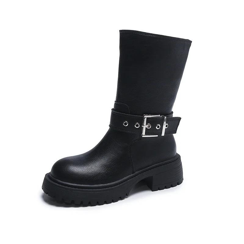 

Мода 2024 Лето Новые Длинные Сапоги Толстый Каблук Пряжка Ремень Противоскользящие Узкие Сапоги Ретро Мода Большой Голенище Мотоциклетные Сапоги 36 чёрный