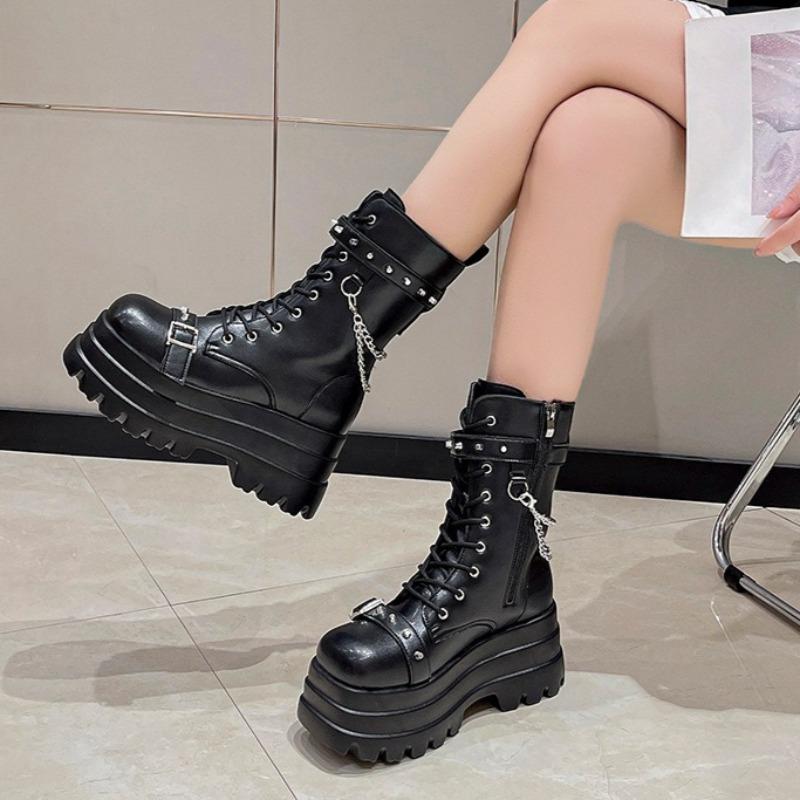 Women's Platform Boots Fashion Mid-calf Leather Boot Thick Soled Gothic Boot Punk Style Cosplay Boots for Women Motorcycle Boots