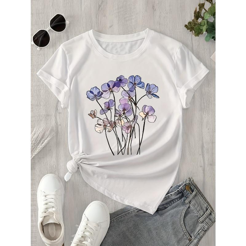 European Size Women'S Floral Print T-Shirt - Short Sleeve,Round Neck,Casual Spring/Summer Top with Vibrant Purple & Blue Flower Design,Everyday Tshirt