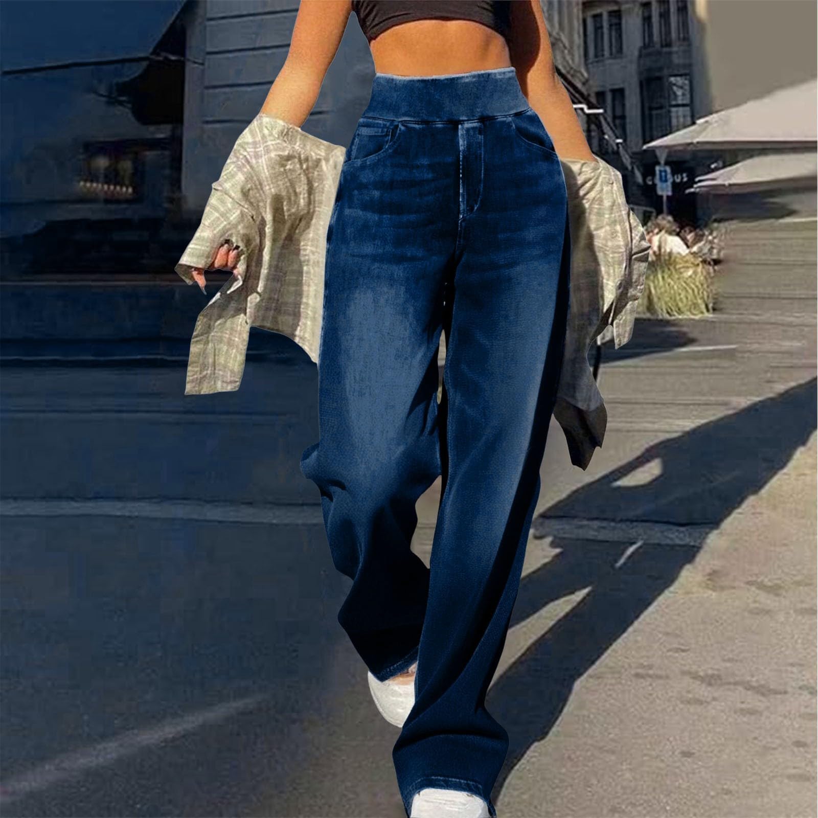 

Женские повседневные свободные удобные модные однотонные джинсы широкого кроя M